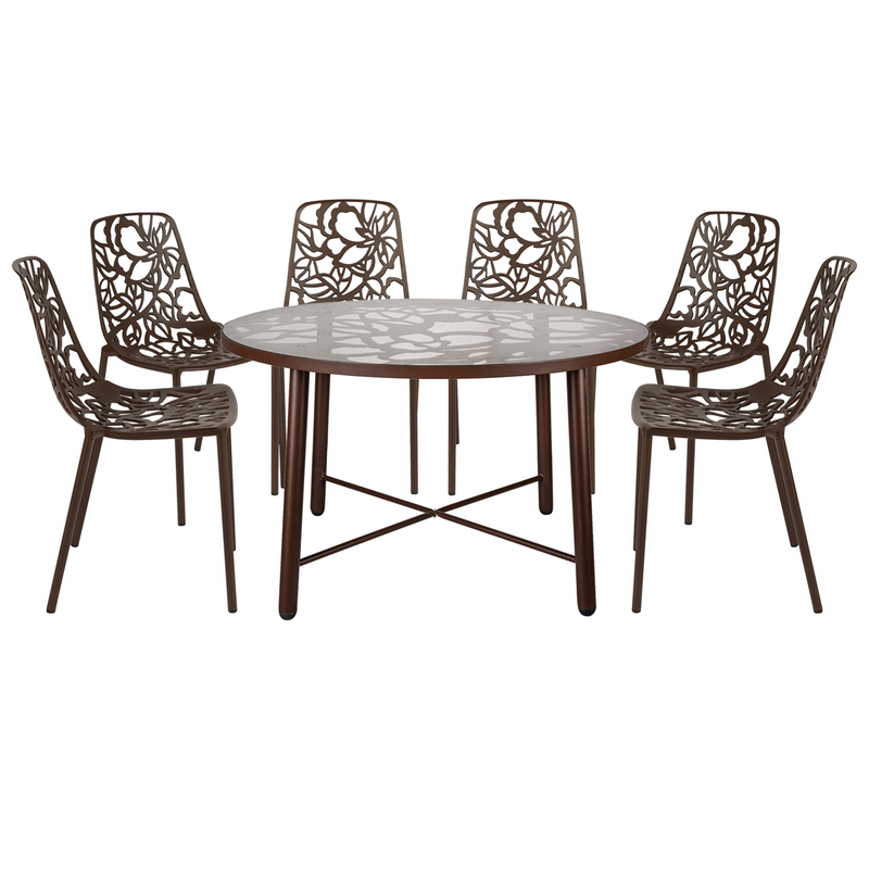 LeisureMod Devon Mid-Century Modern 7-Piece Aluminum Outdoor Patio Dining Set with Tempered Glass Top Table and 6 Stackable Flower Design Chairs Brown