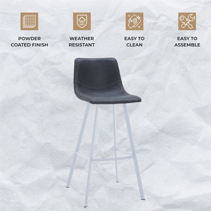 Black stool with white legs on a textured white background with feature icons.