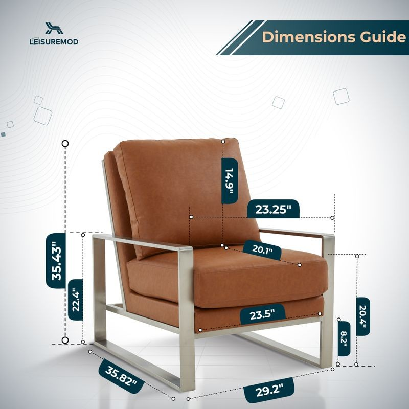 LeisureMod Jefferson Leather Modern Design Accent Armchair with Elegant Silver Frame Cognac Tan Dimensions.