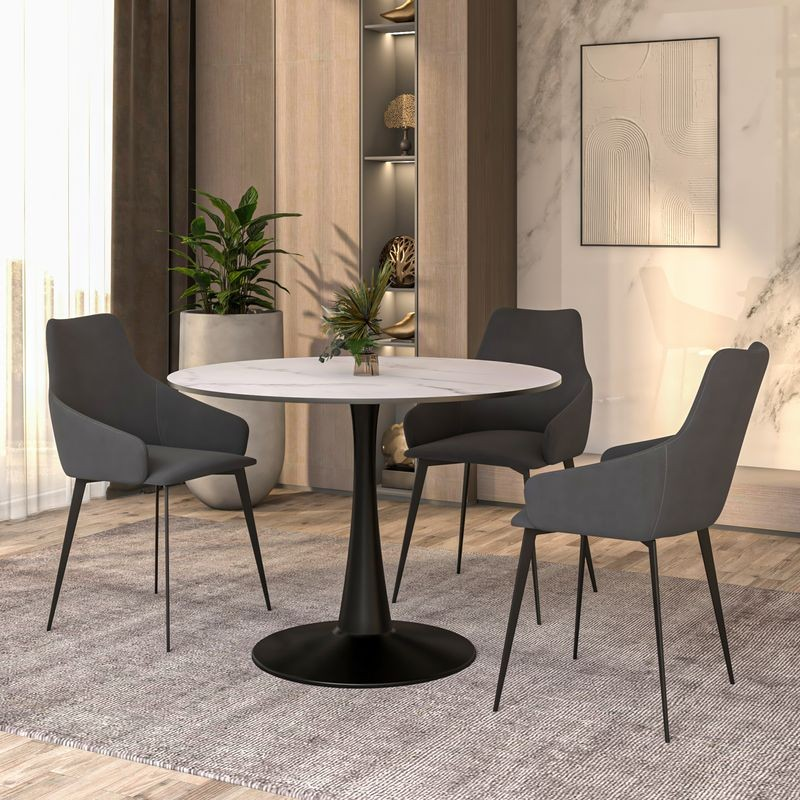 Leisuremod Bristol 40" round Dining Table Black Base with Marbled MDF Top White in Room.