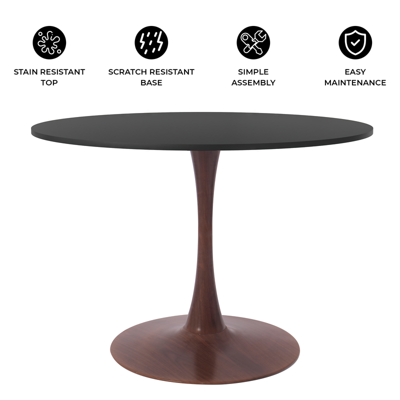 LeisureMod Bristol 40" Round Dining Table Wood Transfer Walnut Base with MDF Black Top Details.
