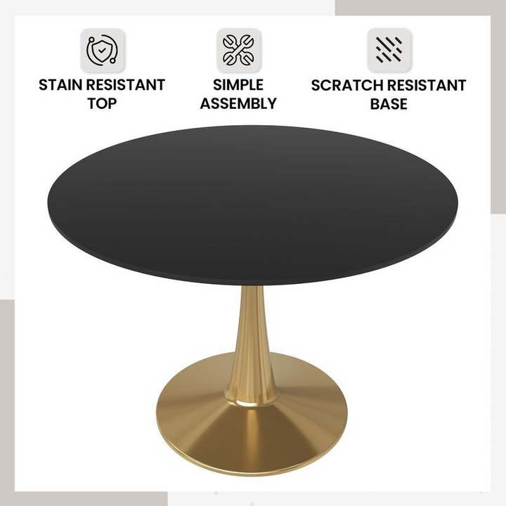 Leisuremod Bristol 40" Round Dining Table Gold Base with Black Top Details.