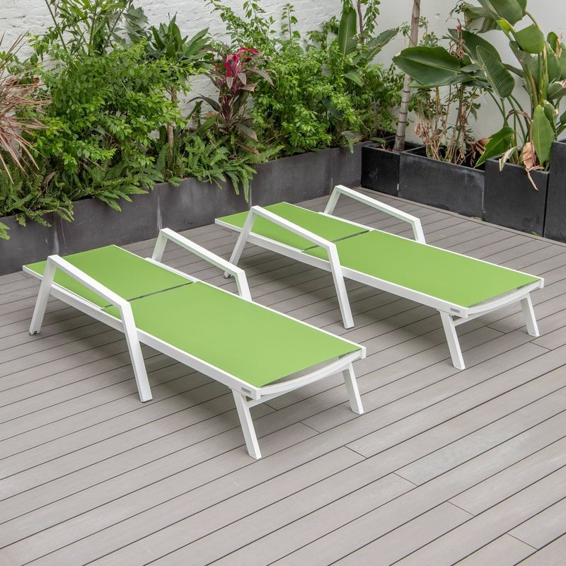 LeisureMod Marlin Patio Chaise Lounge Chair with Armrests in White Aluminum Frame, Set of 2 in Green Flat View.