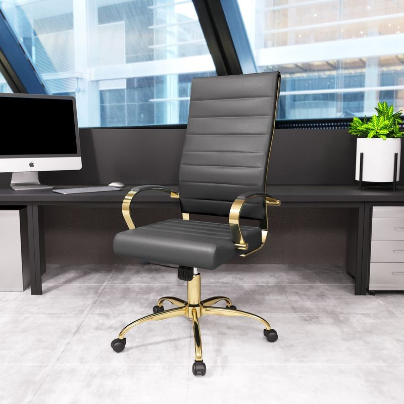 LeisureMod Benmar High-Back Leather Office Chair with Gold Frame Grey in Room.