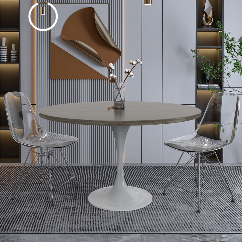 LeisureMod Verve Collection 48 Round Dining Table, White Base with Dark Maple MDF Top with Chairs.