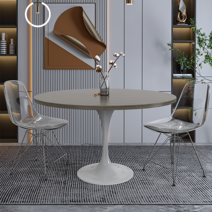 LeisureMod Verve Collection 48 Round Dining Table, White Base with Dark Maple MDF Top with Chairs.