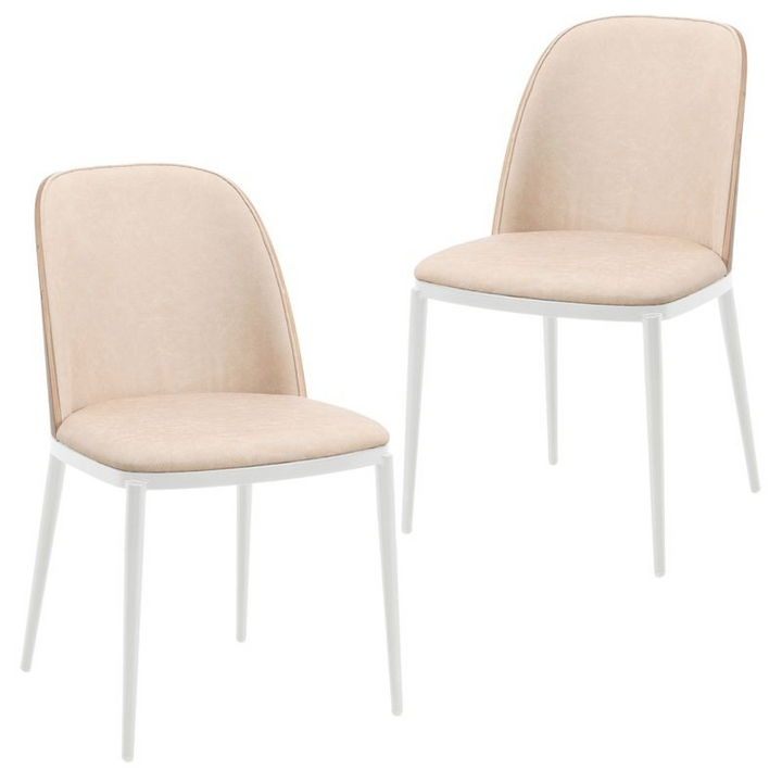 LeisureMod Tule Mid-Century Modern Dining Side Chair with Leather Seat and White Powder-Coated Steel Frame, Set of 2 Walnut/Light Brown