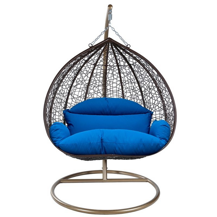 Leisuremod Recluse Collection Modern Outdoor Swing Chair Brown Frame with ES57 Blue Cushion