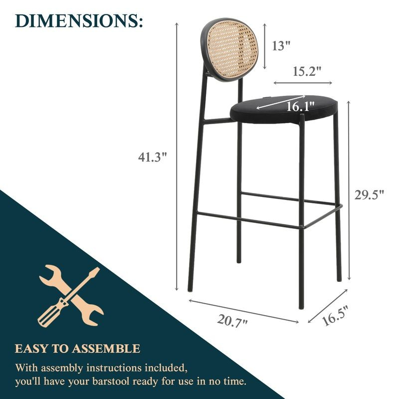 LeisureMod Euston Modern Wicker Bar Stool with Black Steel Frame in Black Dimensions.