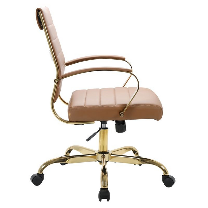 LeisureMod Benmar Home Leather Office Chair with Gold Frame Brown Side View.