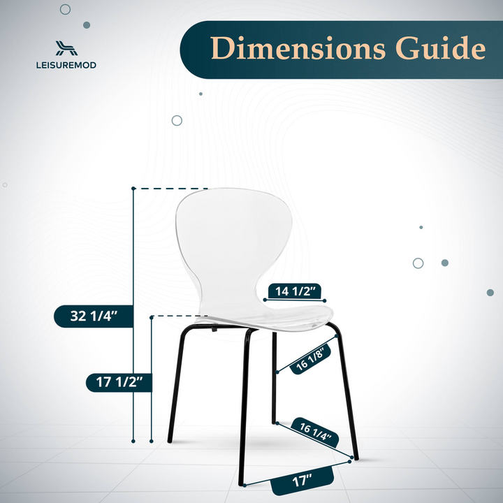 Chair dimensions guide with LeisureMod logo on a white background.