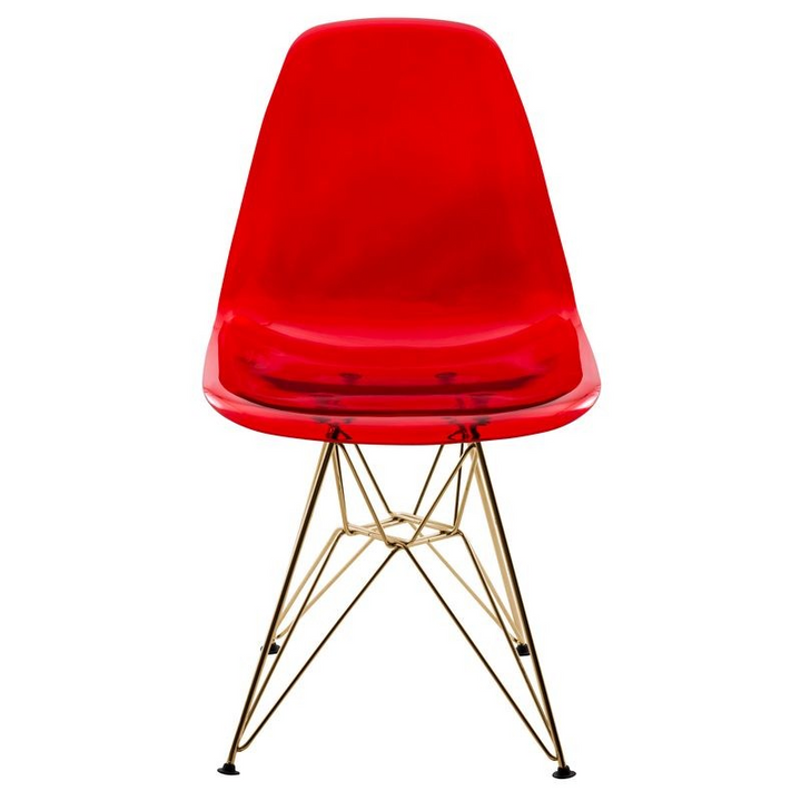 LeisureMod Cresco Molded Eiffel Side Chair with Gold Base Transparent Red Front View.