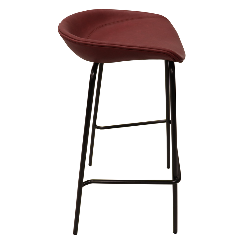 LeisureMod Servos Modern Barstool with Upholstered Faux Leather Seat and Powder Coated Iron Frame in Bordeaux Image.