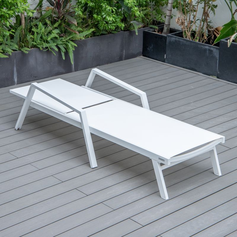 LeisureMod Marlin Patio Chaise Lounge Chair with Armrests in White Aluminum Frame White Flat View.