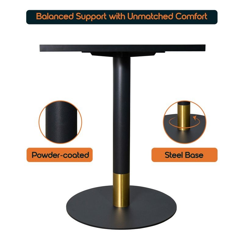 LeisureMod Vail Collection Dining Table Black/Gold Base With 24" Square Black MDF Top Description.