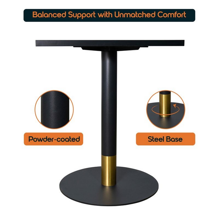LeisureMod Vail Collection Dining Table Black/Gold Base With 24" Square Black MDF Top Description.