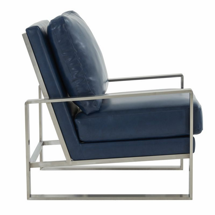 LeisureMod Jefferson Faux Leather Modern Design Accent Armchair with Elegant Silver Frame Navy Blue Side View.