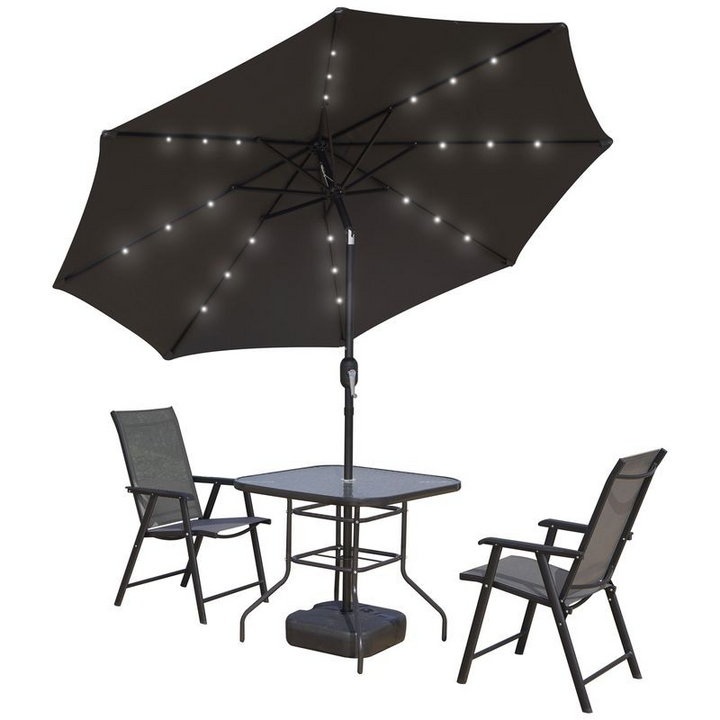 LeisureMod Sierra Outdoor Patio Umbrella with Base in Gray Tilted.