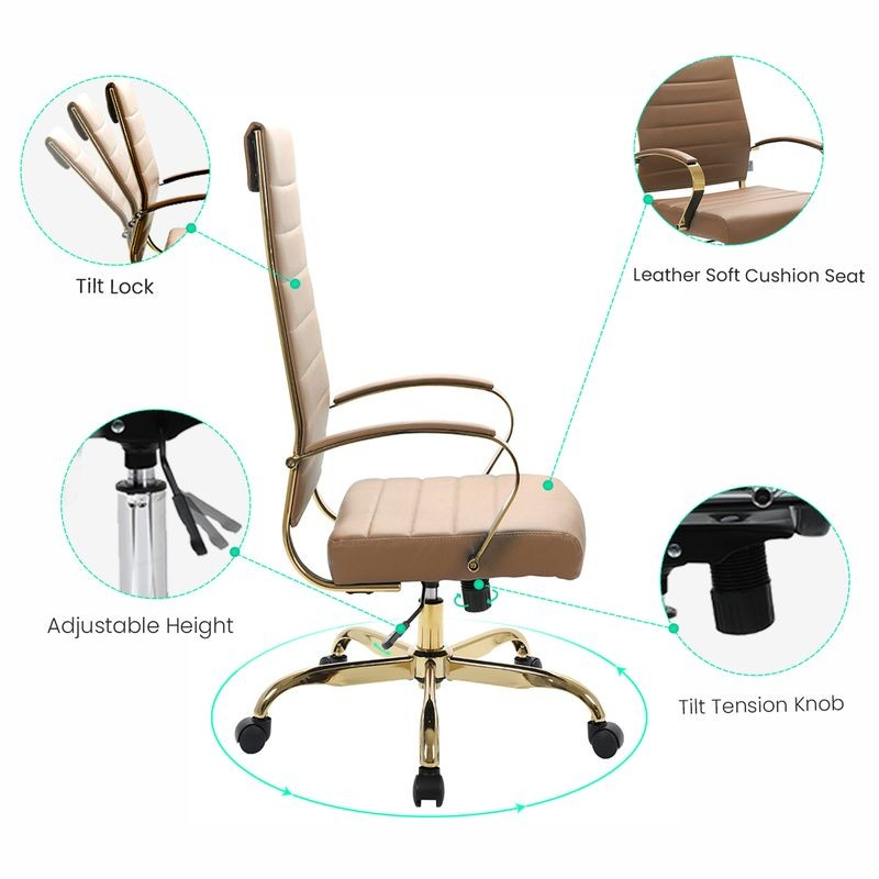 Beige office chair with features highlighted on a white background.