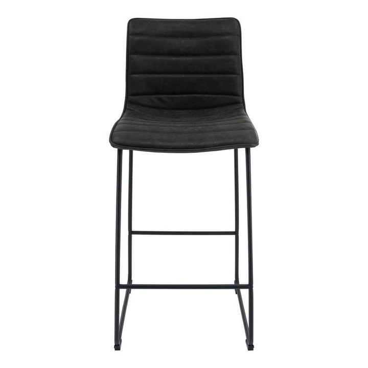 LeisureMod Brooklyn 29.9" Modern Leather Bar Stool with Black Iron Base and Footrest Front View.