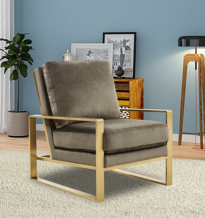 LeisureMod Jefferson Velvet Design Accent Armchair with Gold Brass Finish Frame with Background