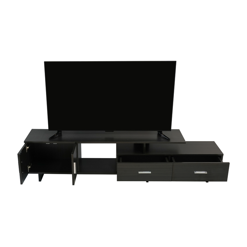 LeisureMod Avery Mid-Century Modern TV Stand with MDF Cabinet and Powder Coated Steel Legs Phantom Grey Open Drawers.