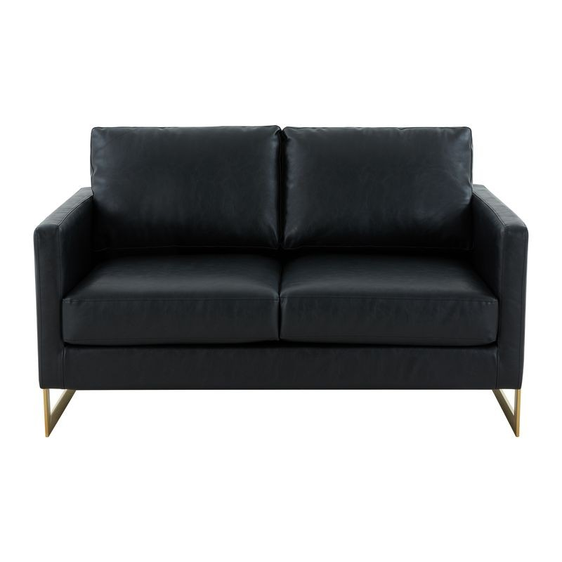 LeisureMod Lincoln Modern Mid-Century Upholstered PU Leather Loveseat with Gold Frame Black Front View.