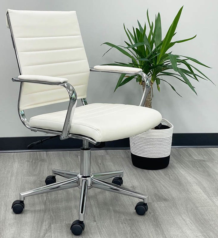 Padded Modern Classic Mid Back Office Chair in Cream Leather with Background