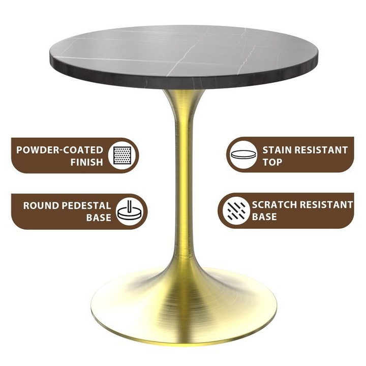 LeisureMod Verve Collection 27 Round Dining Table, Brushed Gold Base with Sintered Stone Black Top Description.