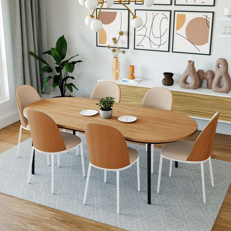 LeisureMod Tule Mid-Century Modern Dining Side Chair with Velvet Seat and White Powder-Coated Steel Frame Natural Wood/Brown at Table.