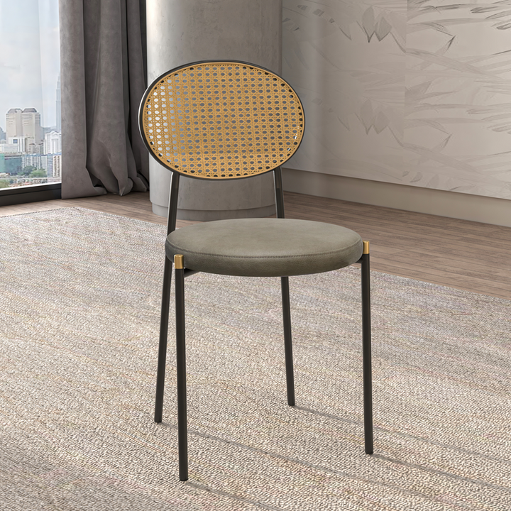 LeisureMod Euston Modern Wicker Dining Chair with Black Frame and Leather Seat in Taupe with Background.