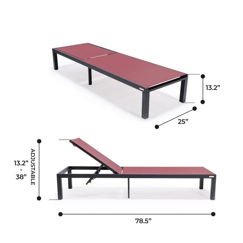LeisureMod Marlin Patio Chaise Lounge Chair with Black Aluminum Frame Burgundy Dimensions.
