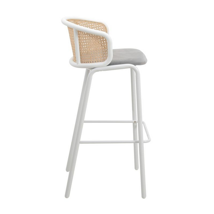 LeisureMod Ervilla Mid-Century Modern Wicker Bar Stool with Fabric Seat and White Powder Coated Steel Frame for Kitchen and Dining Room in Grey Side View.