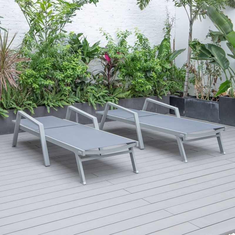 LeisureMod Marlin Patio Chaise Lounge Chair with Armrests in Grey Aluminum Frame, Set of 2 in Dark Grey Flat View.