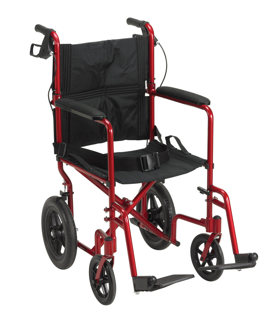 Expedition Lightweight Transport Wheelchair with Hand Brakes, Red