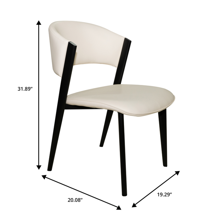 White chair with black legs and dimensions labeled on a white background.