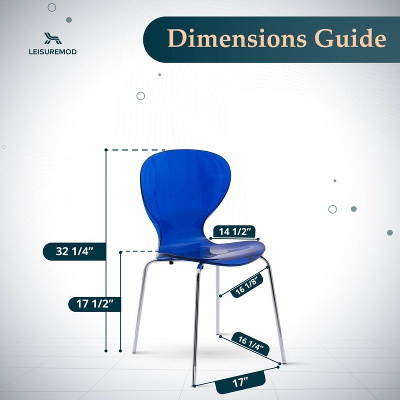 Blue chair with dimensions labeled on a white background, featuring the LeisureMod logo.