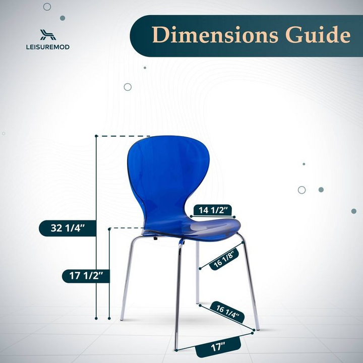 Blue chair with dimensions labeled on a white background, featuring the LeisureMod logo.