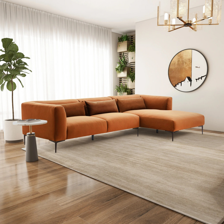 Laley Right-Facing L-Shaped Velvet Sectional in Burnt Orange Right Angled View