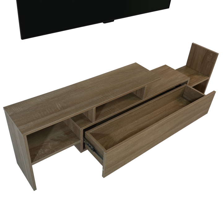 LeisureMod Surrey Modern TV Stand with MDF Shelves and Bookcase in Oak Wood Opened Drawer.