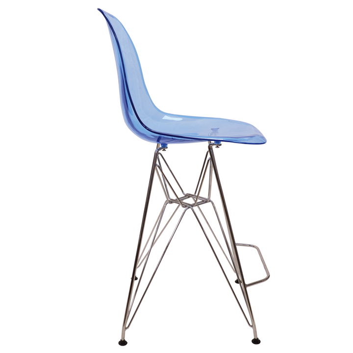 LeisureMod Cresco Modern Acrylic Barstool with Chrome Base and Footrest in Transparent Blue Side View.