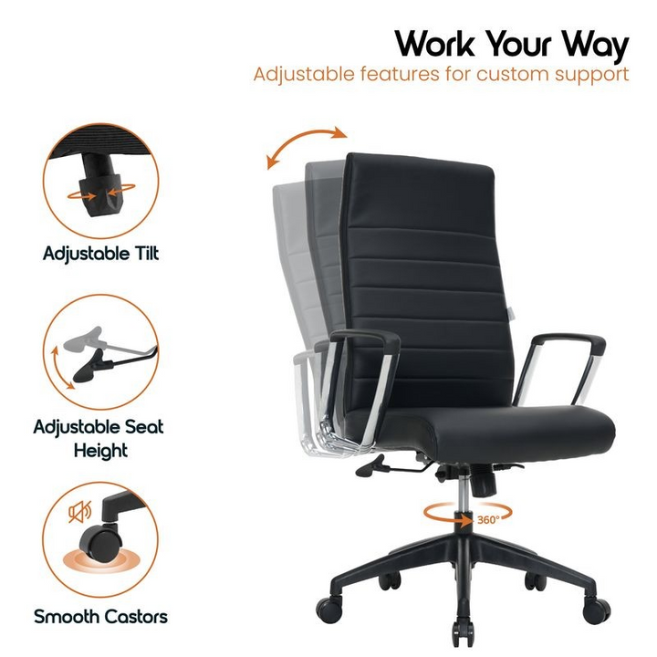 Black office chair with adjustable features on a white background.