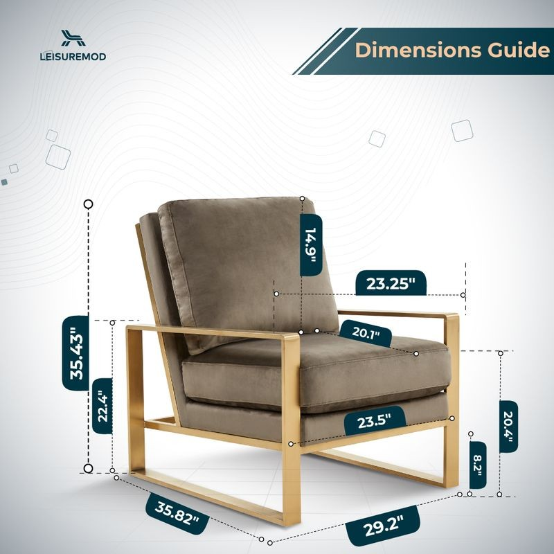 LeisureMod Jefferson Velvet Design Accent Armchair with Gold Brass Finish Frame Dimensions