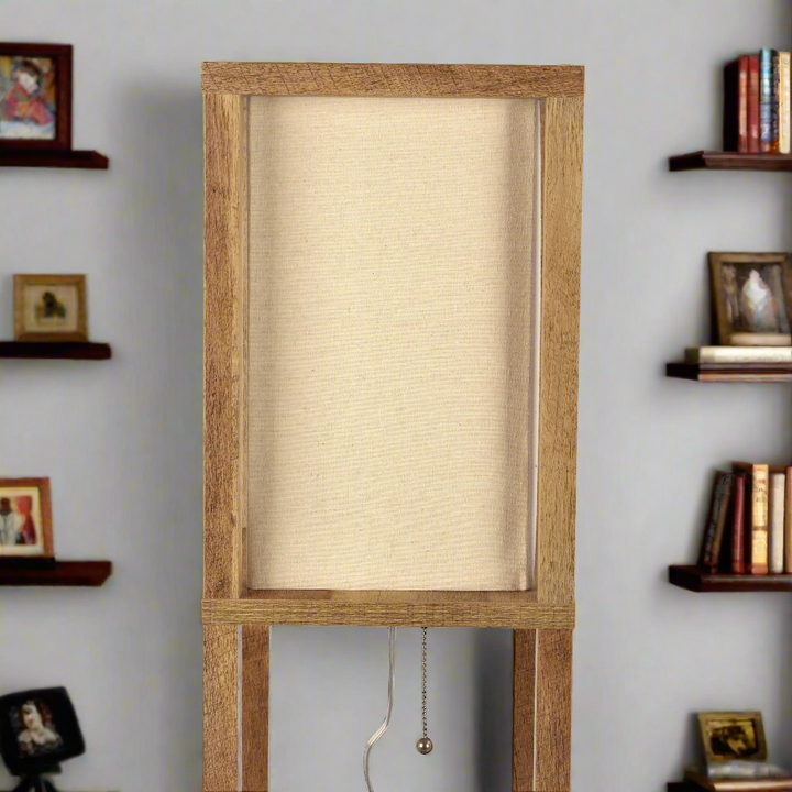 Pinnacle Shelf Floor Lamp for Bedroom/Living Room, Natural Wood with Long Shade Zoomed In.