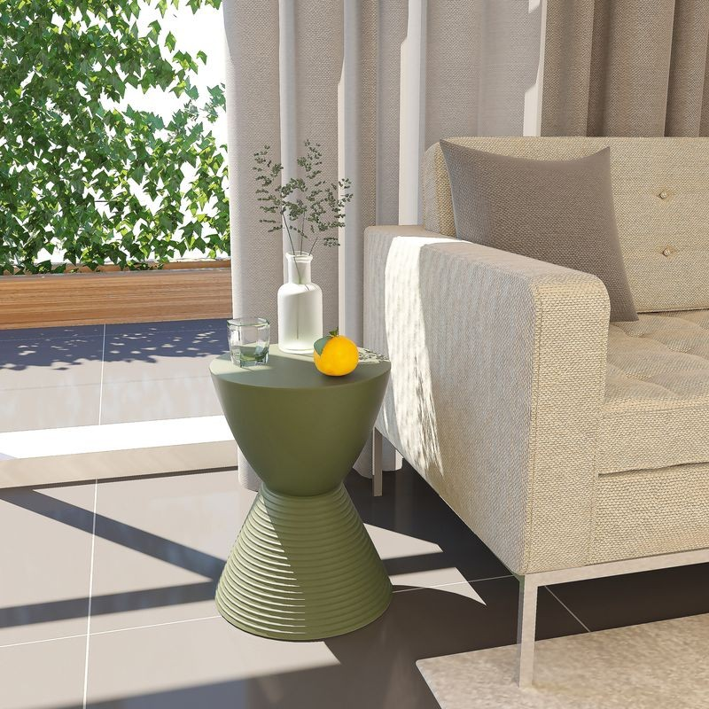 LeisureMod Modern Round Boyd Side Table Olive Green by Couch.