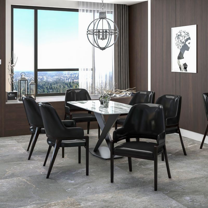 Leisuremod Ethora Collection Modern Wooden Dining Chair in Black at Table.