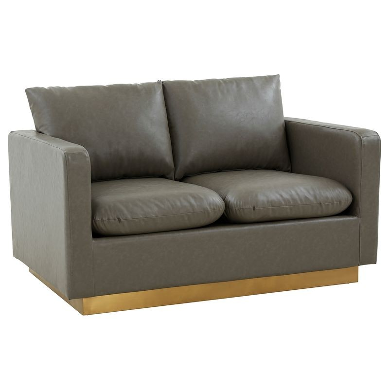 LeisureMod Nervo Modern Mid-Century Upholstered Faux Leather Loveseat with Gold Frame Grey