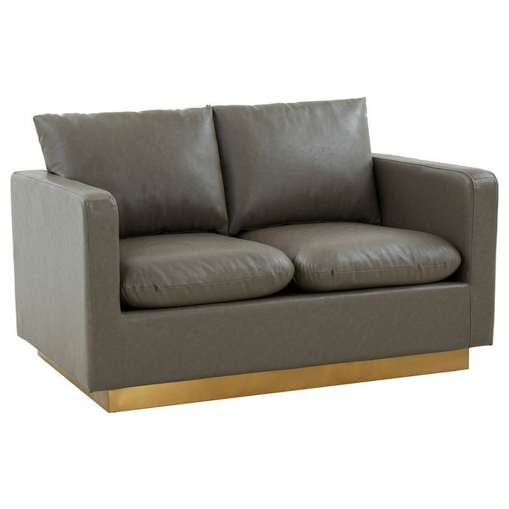 LeisureMod Nervo Modern Mid-Century Upholstered Faux Leather Loveseat with Gold Frame Grey