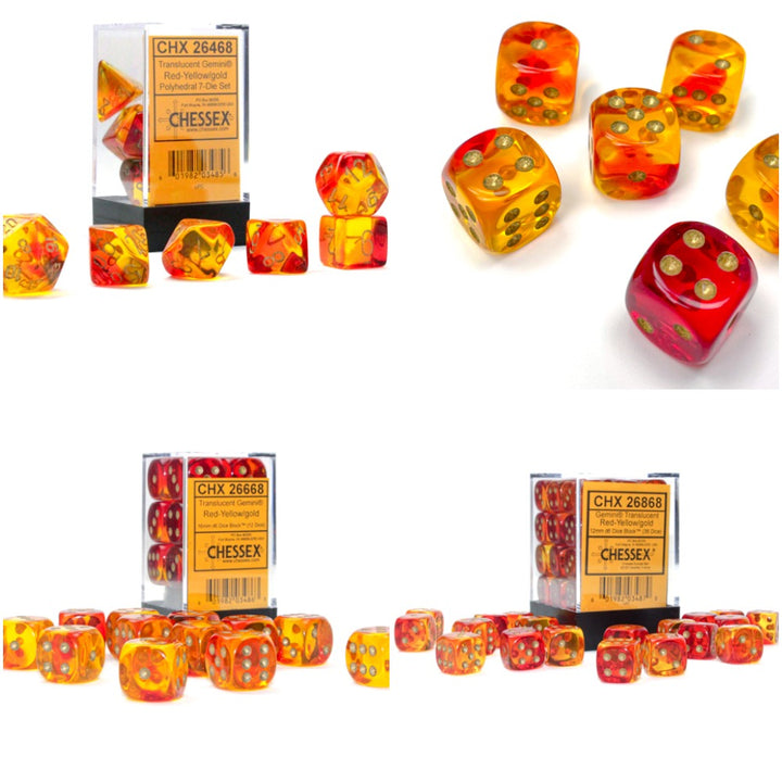 Gemini® Polyhedral Translucent Red-Yellow/gold 7-Die Set /16mm/12mm