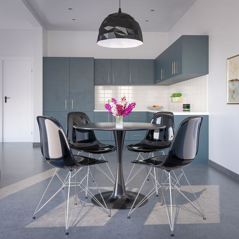LeisureMod Cresco Molded Eiffel Side Chair Transparent Black at Table.